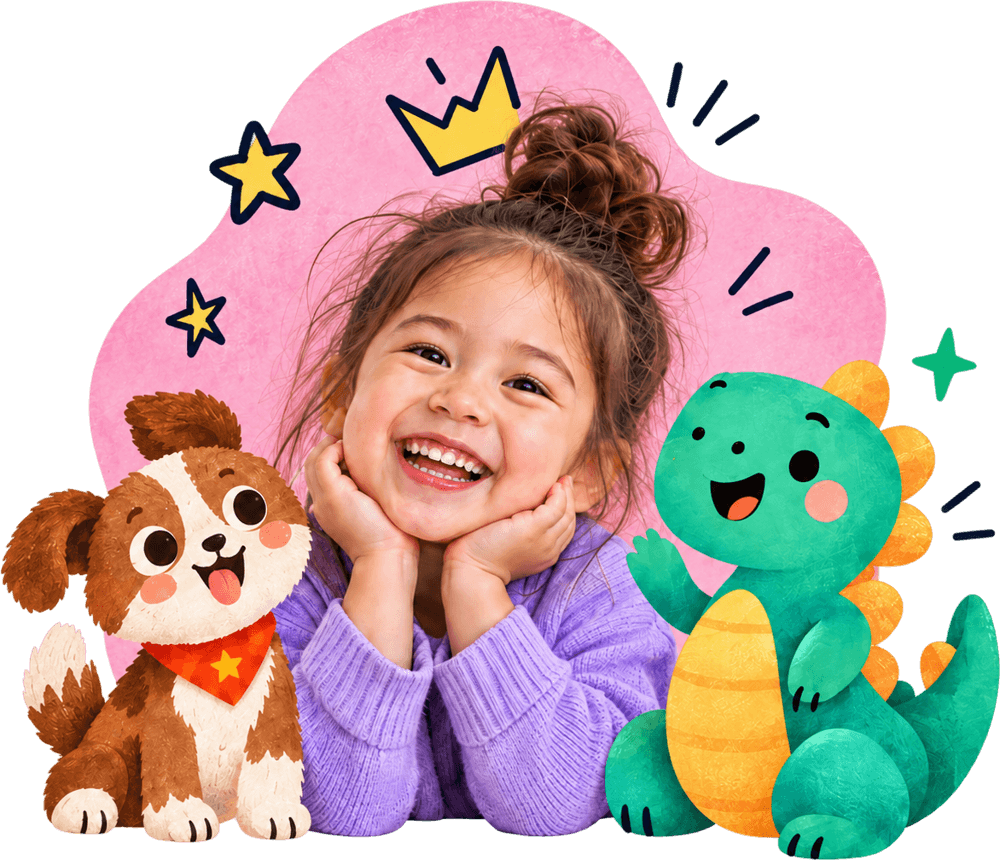 A smiling girl with a puppy and a little dinosaur